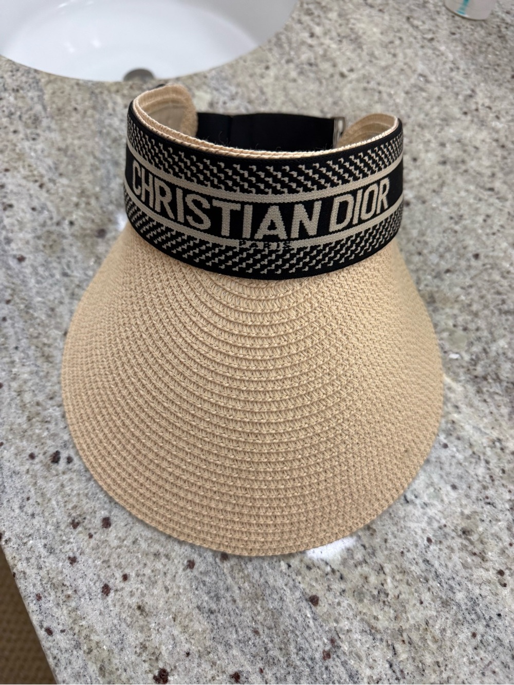 Christian Dior Beige Straw Visor with Black Logo Band